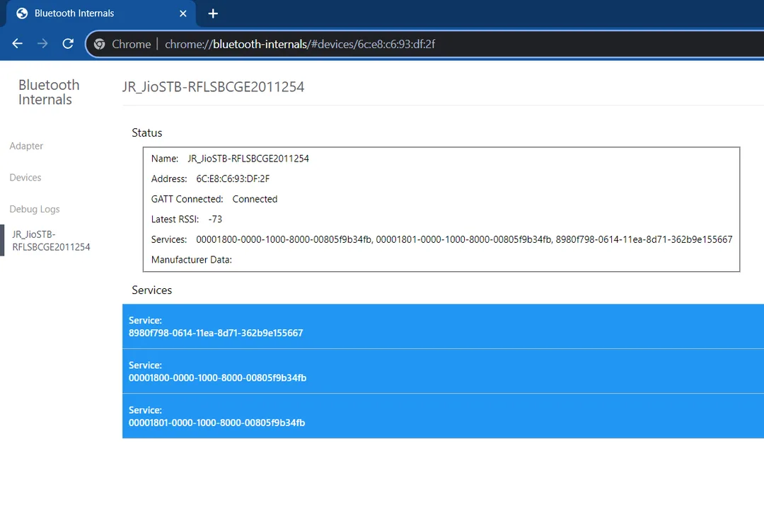 Google Chrome Bluetooth Internals page showing a connected BLE device, available GATT services, device address, RSSI, and connection status.