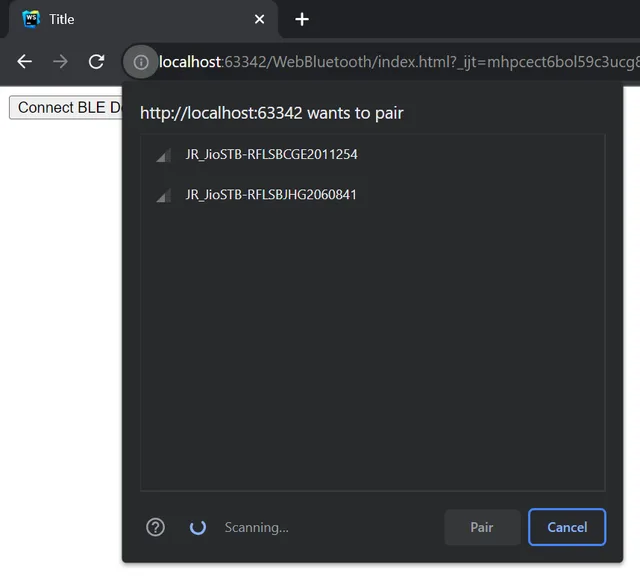 Chrome browser displaying the Web Bluetooth API device selection dialog with nearby Bluetooth Low Energy (BLE) devices available for connection.