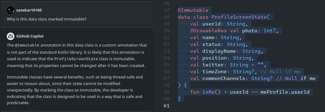 GitHub Copilot Chat explaining why a Kotlin data class is marked with the @Immutable annotation inside Visual Studio Code.