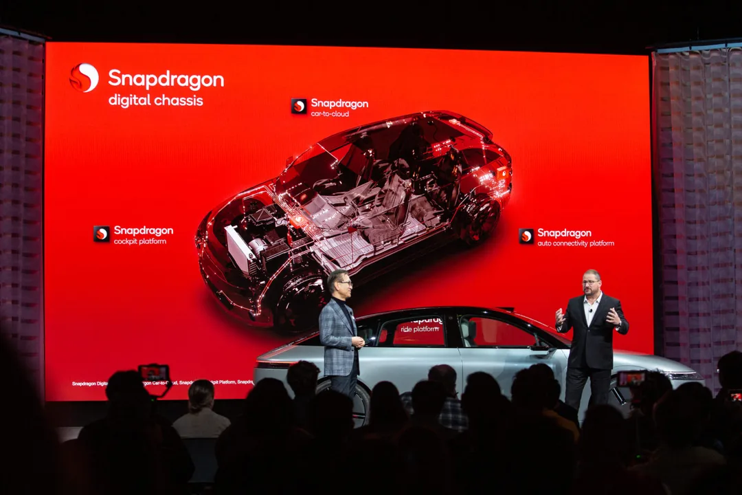 Qualcomm Snapdragon Digital Chassis presentation demonstrating AI-powered connected vehicle and automotive technology at CES 2024.