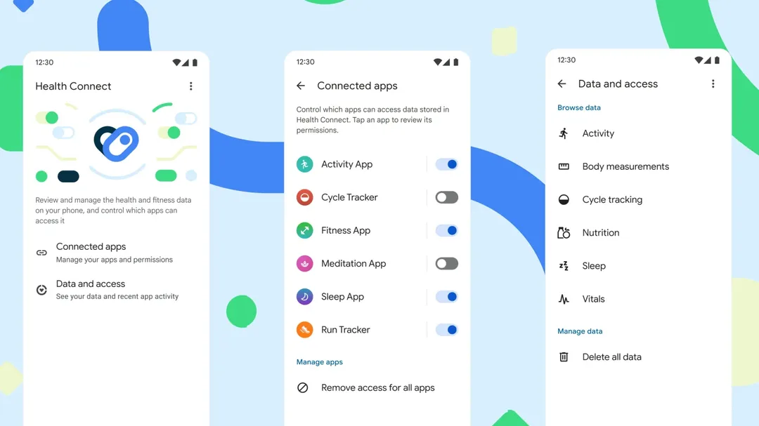 Android Health Connect interface showing connected apps, health data categories, and permissions for managing and sharing fitness and wellness data across apps.