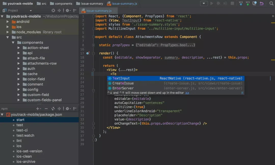 WebStorm IDE showing a React Native project with intelligent code completion, project navigation, and JavaScript development tools.