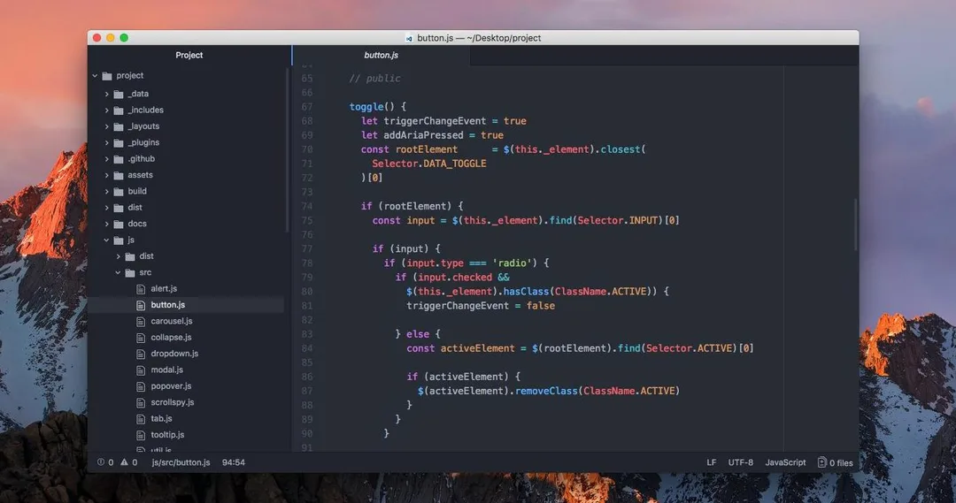 Atom code editor displaying a JavaScript project with a file explorer, syntax highlighting, and a customizable development workspace.
