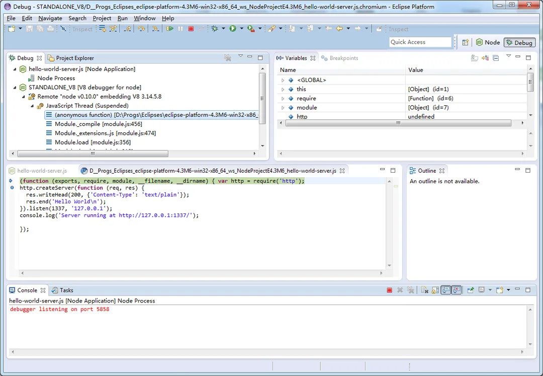 Eclipse IDE with the Nodeclipse plugin showing a Node.js debugging session, project explorer, variables panel, and JavaScript source code.