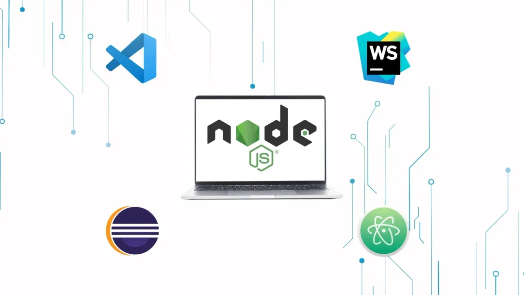 A laptop displaying the words "Node.js," highlighting it as the best IDE for Node.js development.