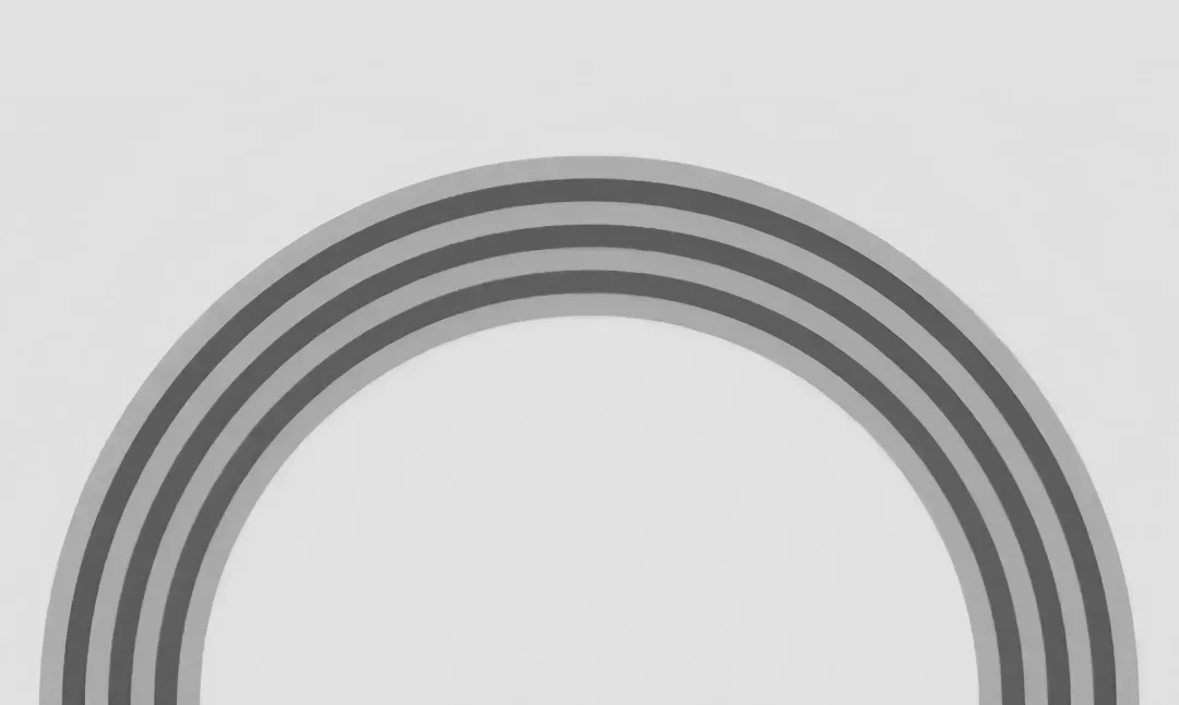 A grayscale image features the top half of an arch-like shape with four parallel gray curves on a light background, conveying a minimalist, abstract design.