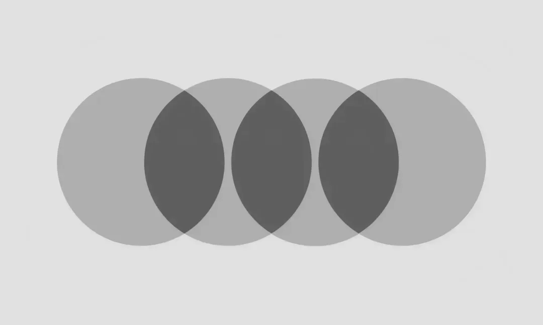 Overlapping dark gray circles in a horizontal line on a light gray background. The composition is abstract, creating a sense of symmetry and balance.