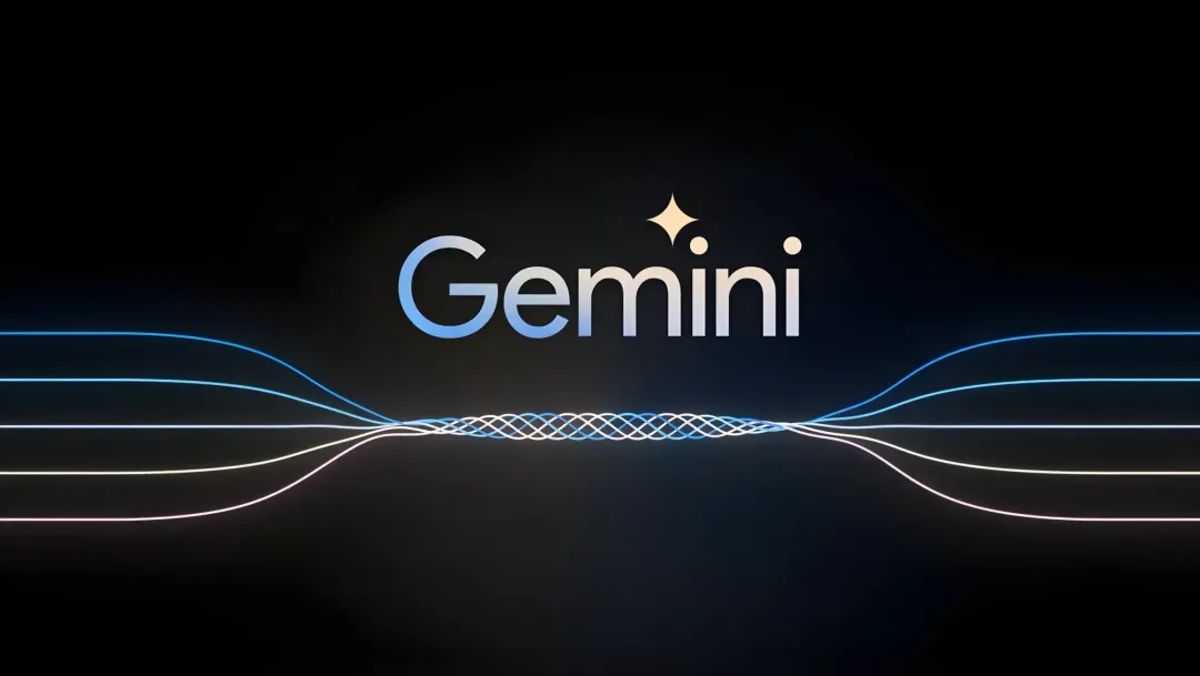 The Gemini logo is in the center on a black background. Below it, swirling white lines converge and diverge symmetrically, creating a dynamic, futuristic design.
