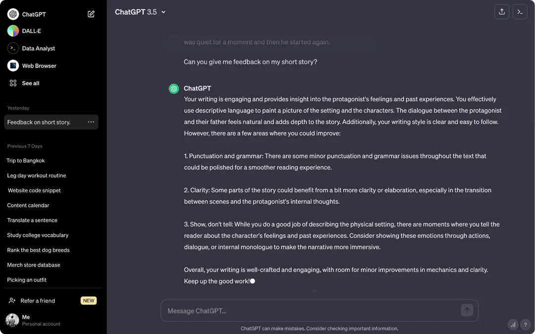 ChatGPT interface showing AI-generated feedback on a short story, highlighting writing suggestions for grammar, clarity, and storytelling.
