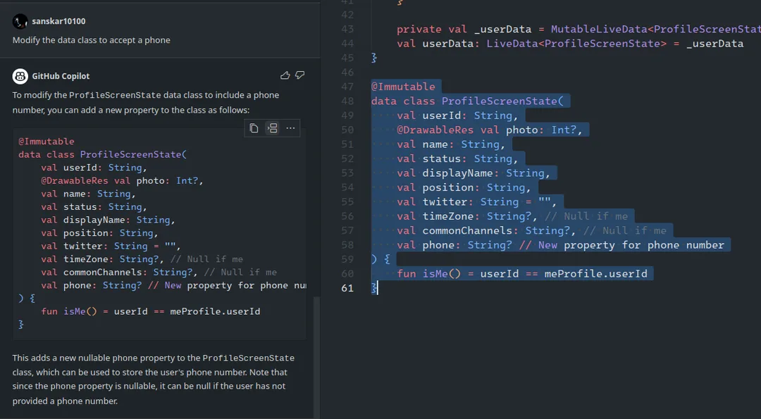 GitHub Copilot Chat suggesting code changes to add a nullable phone property to a Kotlin data class in Visual Studio Code.