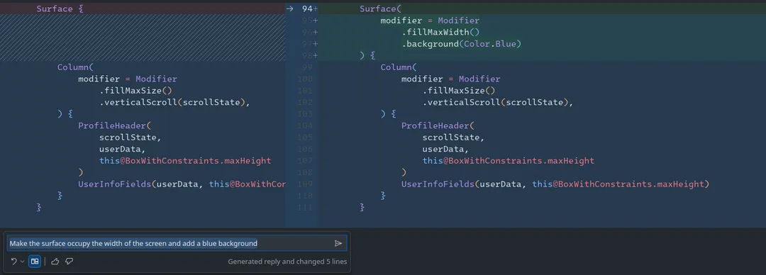 GitHub Copilot applying inline code edits in Visual Studio Code to update a Jetpack Compose surface layout with new styling.