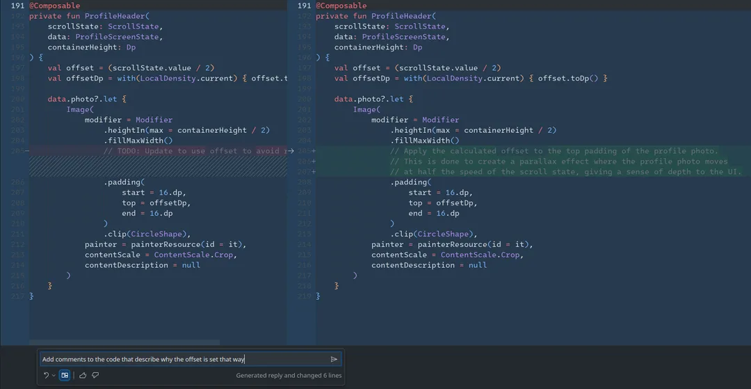 GitHub Copilot generating descriptive code comments for a Jetpack Compose function to improve code readability and documentation.