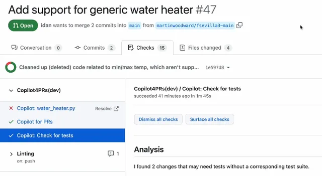 GitHub Copilot for Pull Requests analyzing a GitHub pull request and recommending additional tests before merging code.