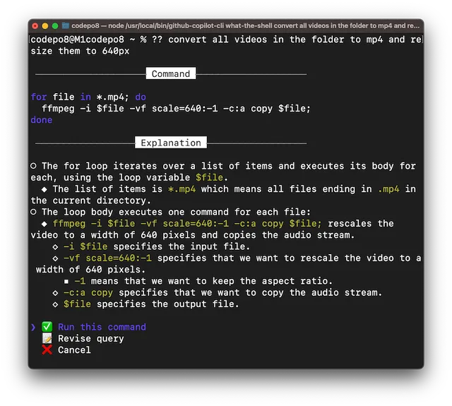 GitHub Copilot CLI generating a shell command with an explanation for converting multiple video files using terminal commands.
