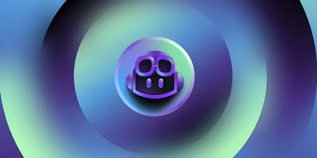 Purple abstract robot face with large eyes centered in vibrant blue and green concentric circles, creating a futuristic and playful vibe.