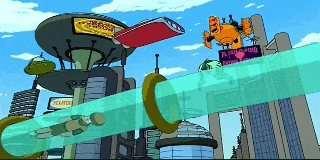 Animated Futurama cityscape illustrating a futuristic world of flying vehicles, automation, and smart technology, introducing the concept of Industry 4.0.