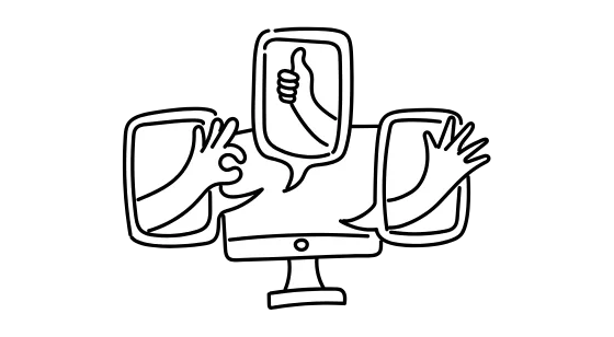 Computer screens exchanging hand gestures, symbolizing collaboration and seamless communication between internal and external development teams.