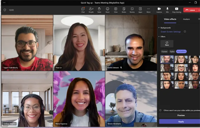 Microsoft Teams interface showcasing the Maybelline Beauty app's AI virtual makeup filters during a video meeting.