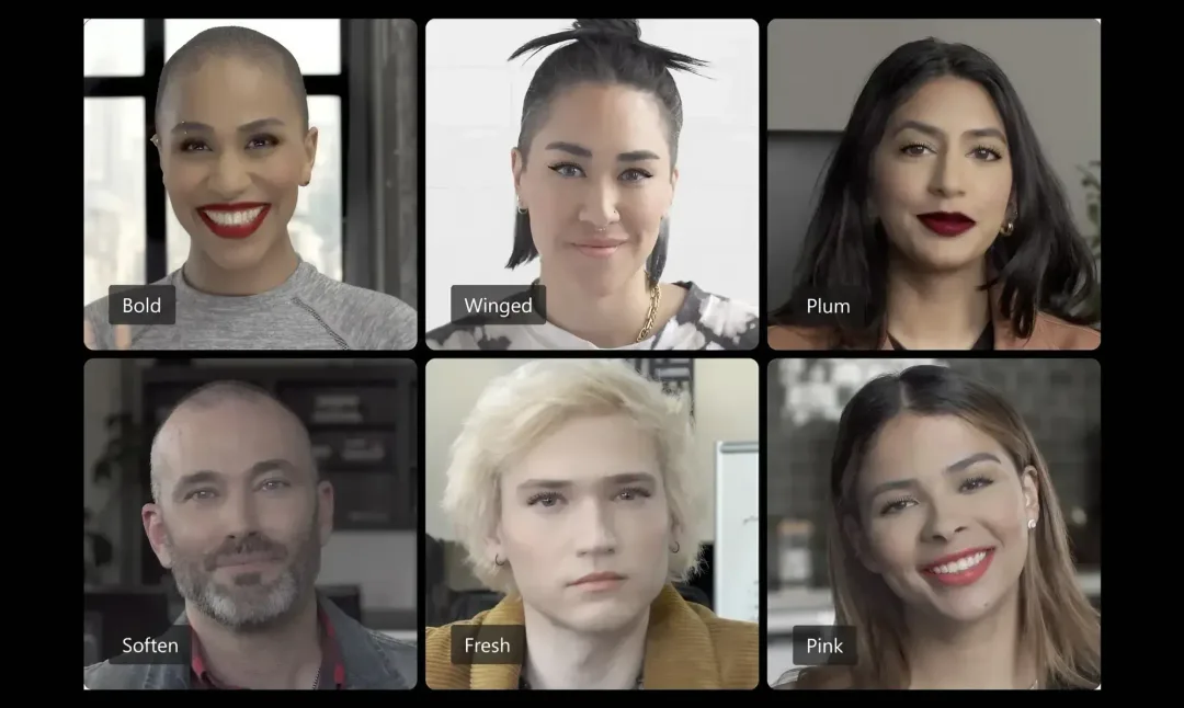 A grid of six black and white portraits, each labeled: Bold, Winged, Plum, Soften, Fresh, Pink. Each person expresses a unique style and emotion.