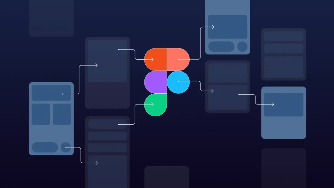 Figma logo on a flowchart with arrows connecting various gray interface elements on a dark background, illustrating a design process.