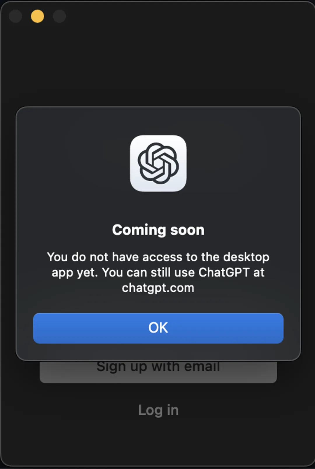 ChatGPT desktop app preview screen displaying a 'Coming Soon' message for desktop access during the GPT-4o announcement.
