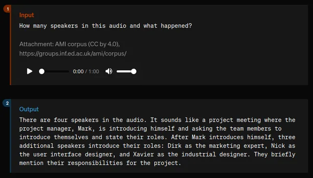 GPT-4o audio understanding example identifying four speakers, summarizing a project meeting, and recognizing each participant's role from an audio recording.