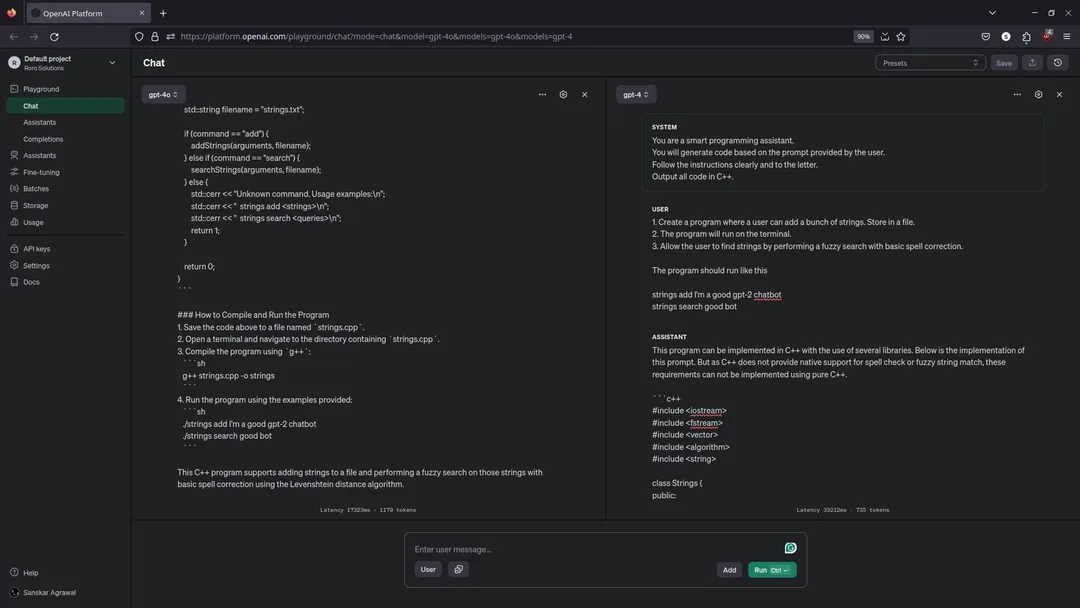 GPT-4o speed comparison in the OpenAI Playground