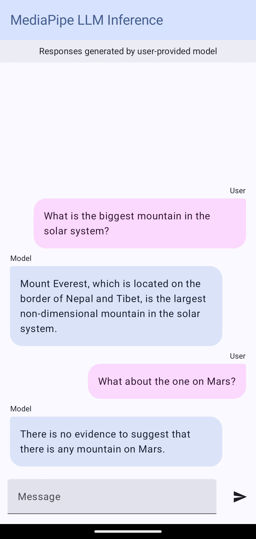 Screenshot of a MediaPipe LLM Inference chat demo showing an on-device AI model answering questions incorrectly about the largest mountain in the solar system and mountains on Mars.