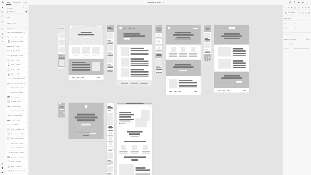Adobe XD workspace displaying multiple responsive website wireframe templates with reusable components, assets, and layout design tools.