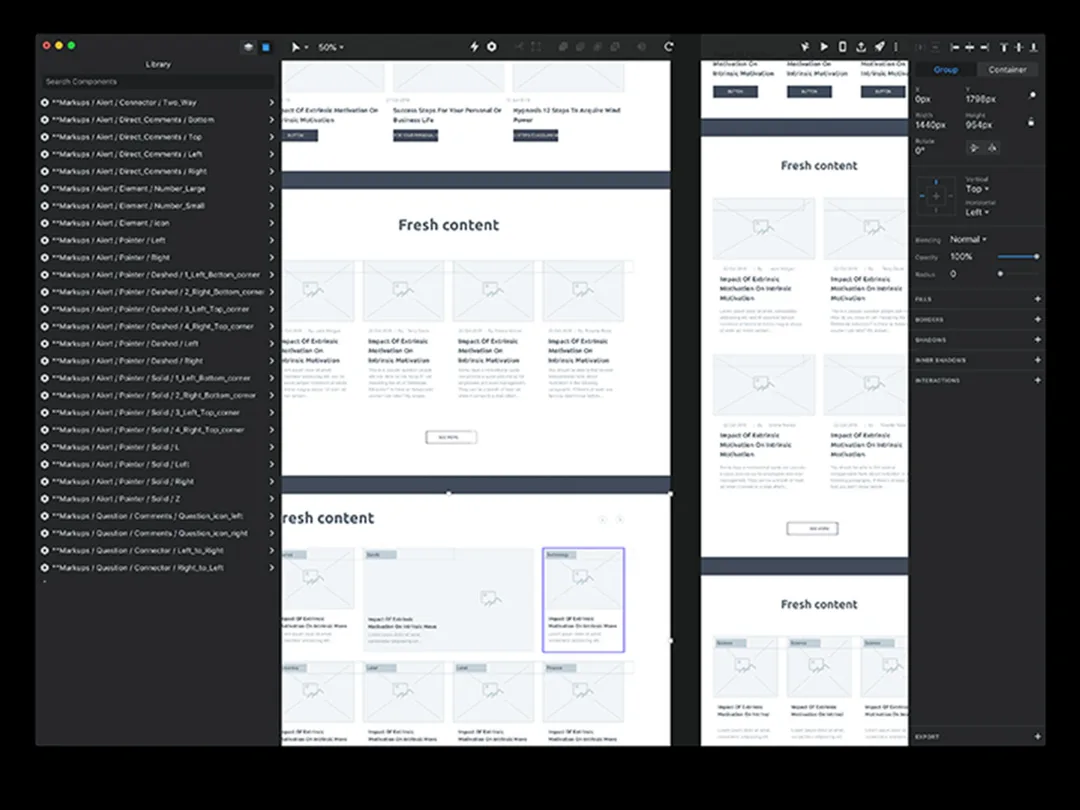 InVision Studio interface displaying responsive website wireframes for desktop and mobile with reusable UI components and collaborative design tools.