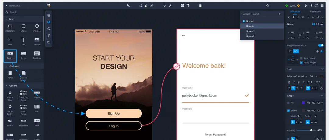 Mockplus interface showing a mobile app wireframe with interactive prototype connections, UI components, and design properties panel.