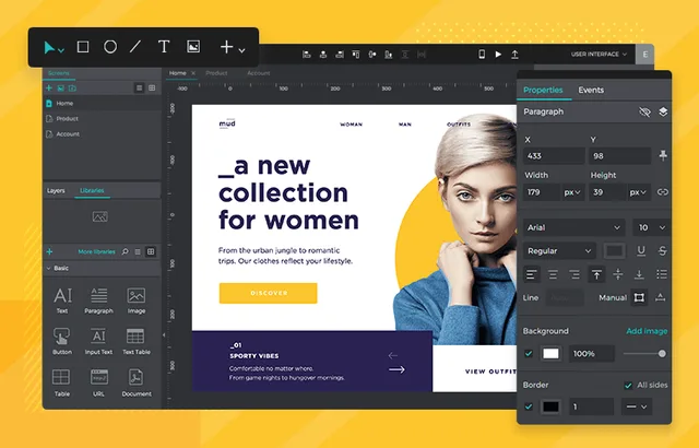 ustinmind wireframing tool interface displaying a website homepage design with editable UI components, typography, and layout settings.