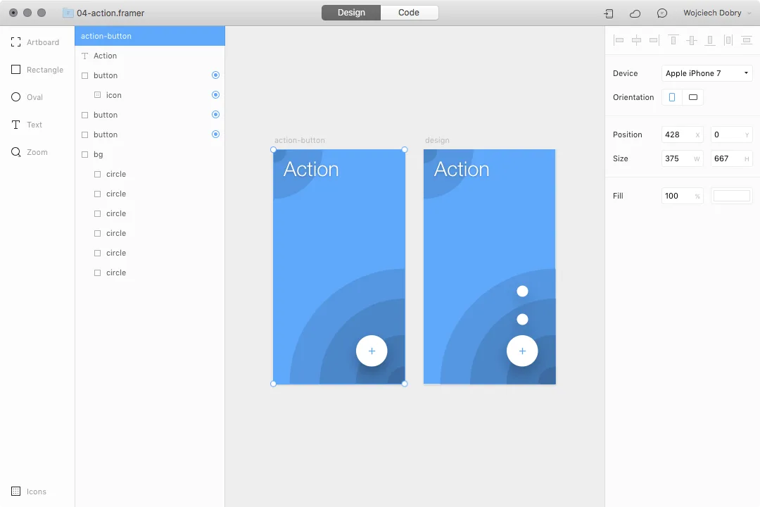 Framer design interface showcasing interactive mobile app wireframes with animation-ready UI components and design workspace.