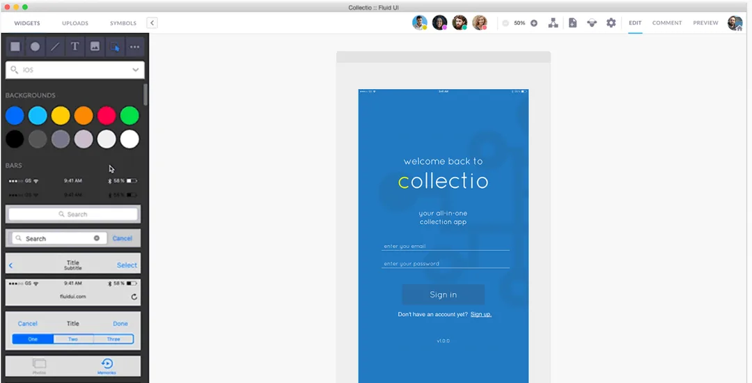 FluidUI wireframing interface displaying a mobile app login screen prototype with interactive UI widgets and design components.