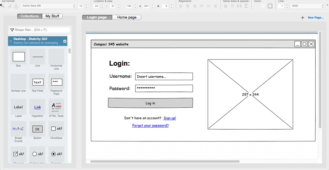 Pencil Project wireframing tool showing a website login page mockup with drag-and-drop UI elements and form components.