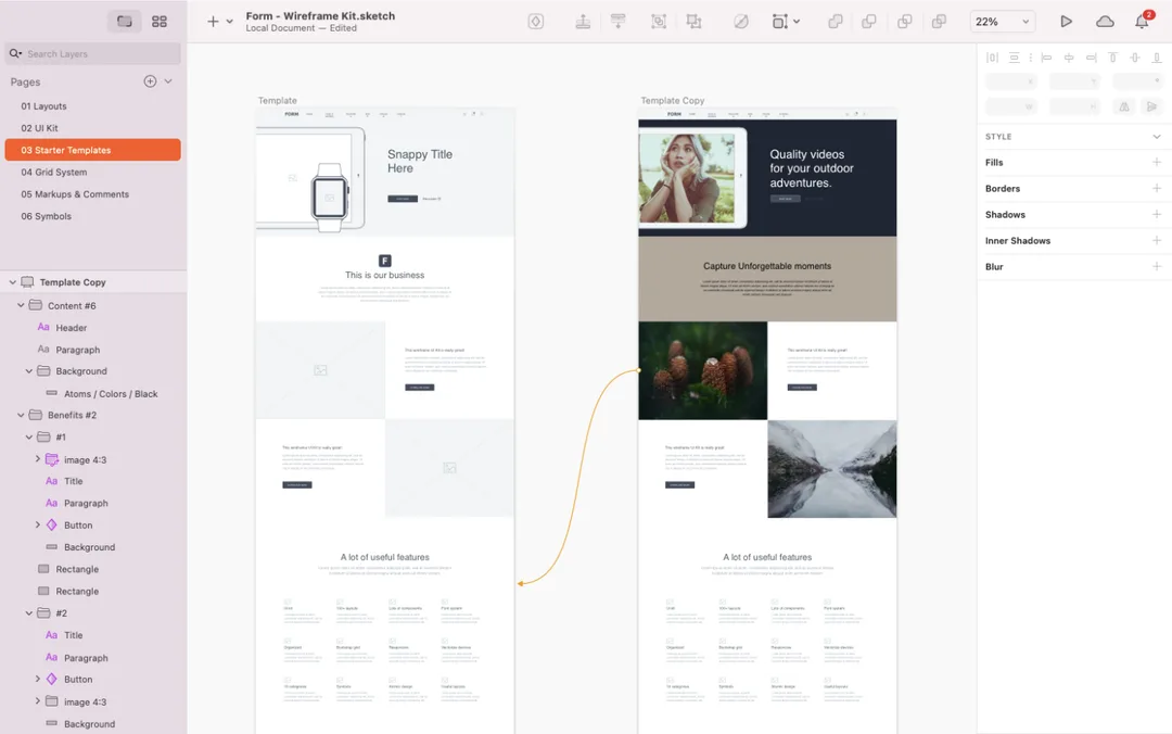 Sketch design workspace featuring responsive website wireframe templates with editable layouts, components, and design panels.