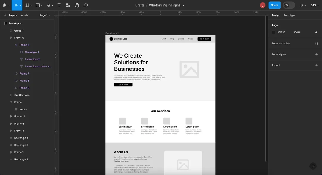 Figma interface showing a responsive website wireframe with layers, design tools, and layout components for collaborative UI and UX design.
