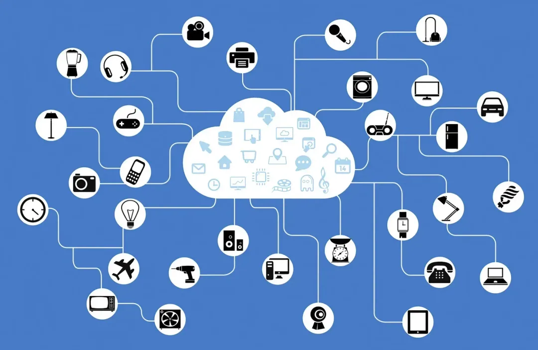 Light background with white cloud center, connected to various black icons like a phone, camera, and appliances, symbolizing Internet of Things.