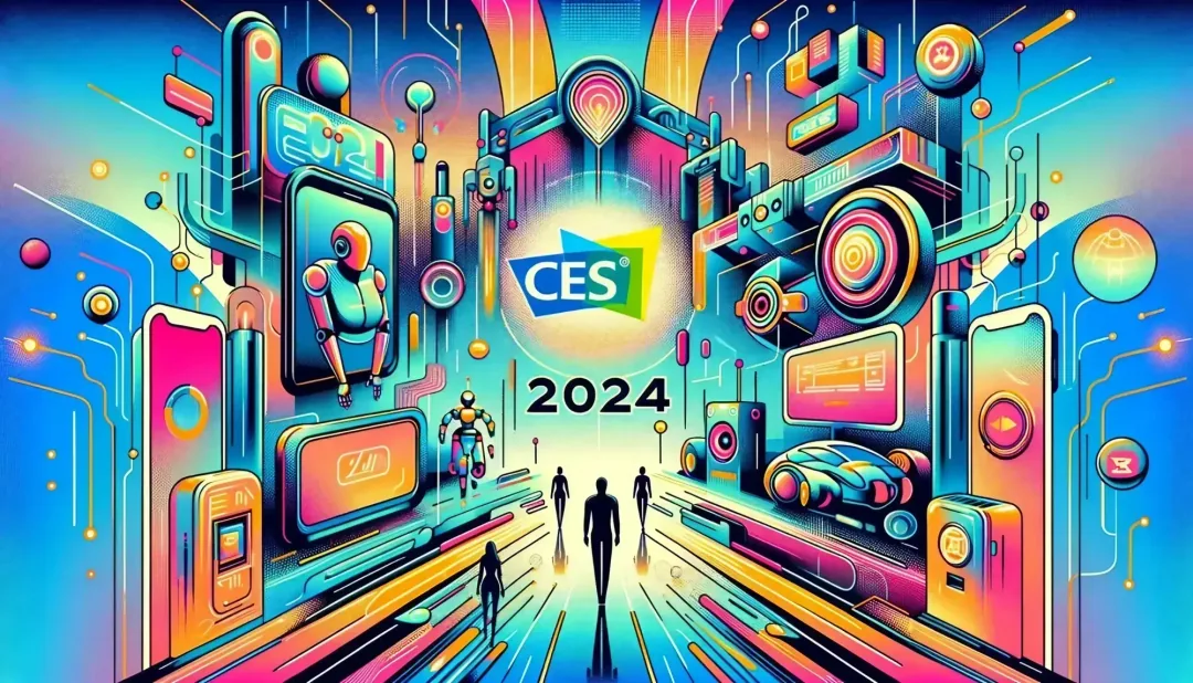 Futuristic grayscale illustration of CES 2024 shows silhouetted figures walking towards a glowing logo surrounded by robots, gadgets, and technology motifs.