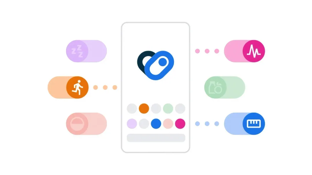 Abstract illustration featuring a fitness app interface. Central phone screen displays a heart icon, surrounded by icons of activities like running and health tracking.