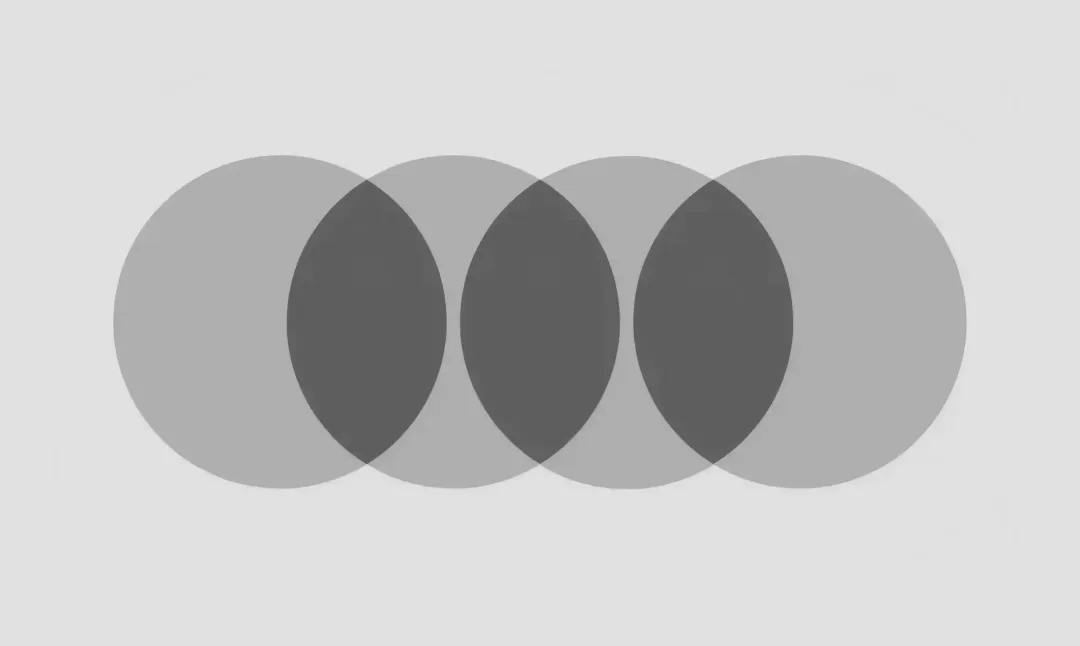 Overlapping dark gray circles in a horizontal line on a light gray background. The composition is abstract, creating a sense of symmetry and balance.