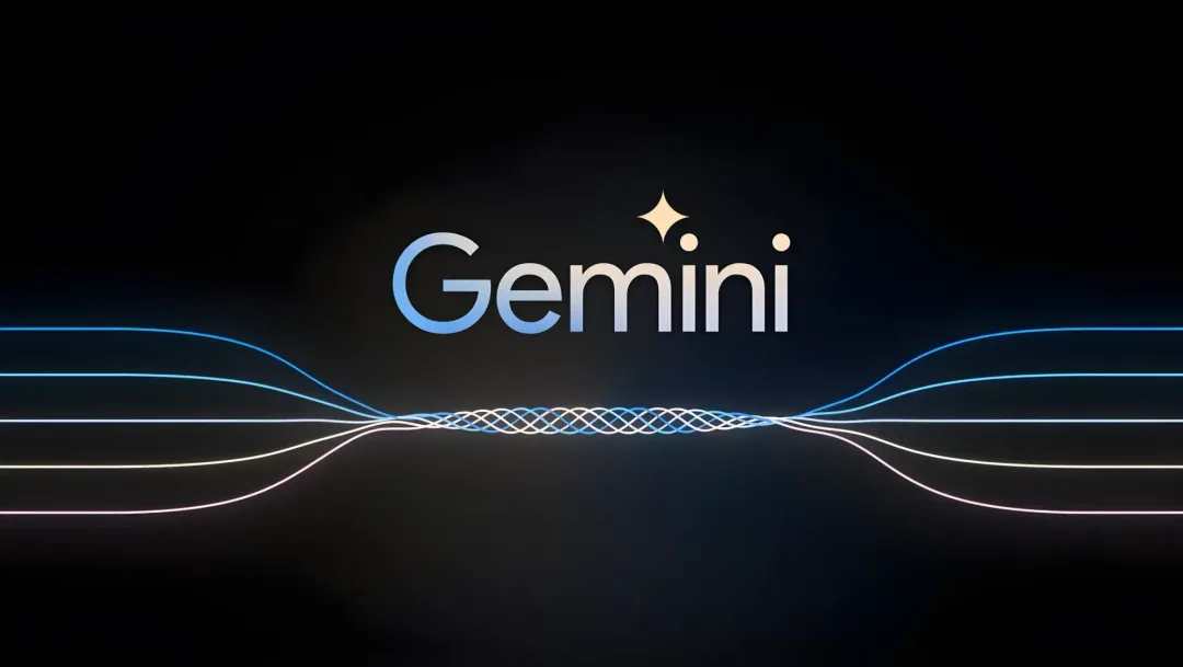 The Gemini logo is in the center on a black background. Below it, swirling white lines converge and diverge symmetrically, creating a dynamic, futuristic design.