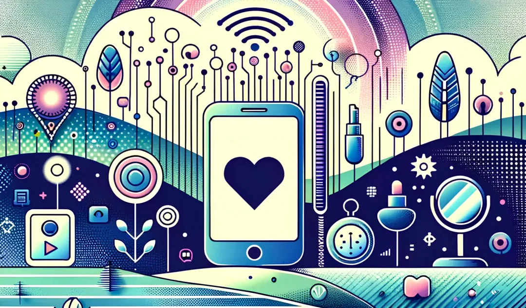 Futuristic digital artwork featuring a smartphone with a heart, wi-fi symbols, circuit lines, and abstract floral designs.